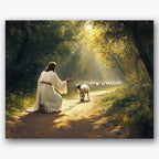 Paint by numbers design of shepherd, sheep, kneeling figure, forest path