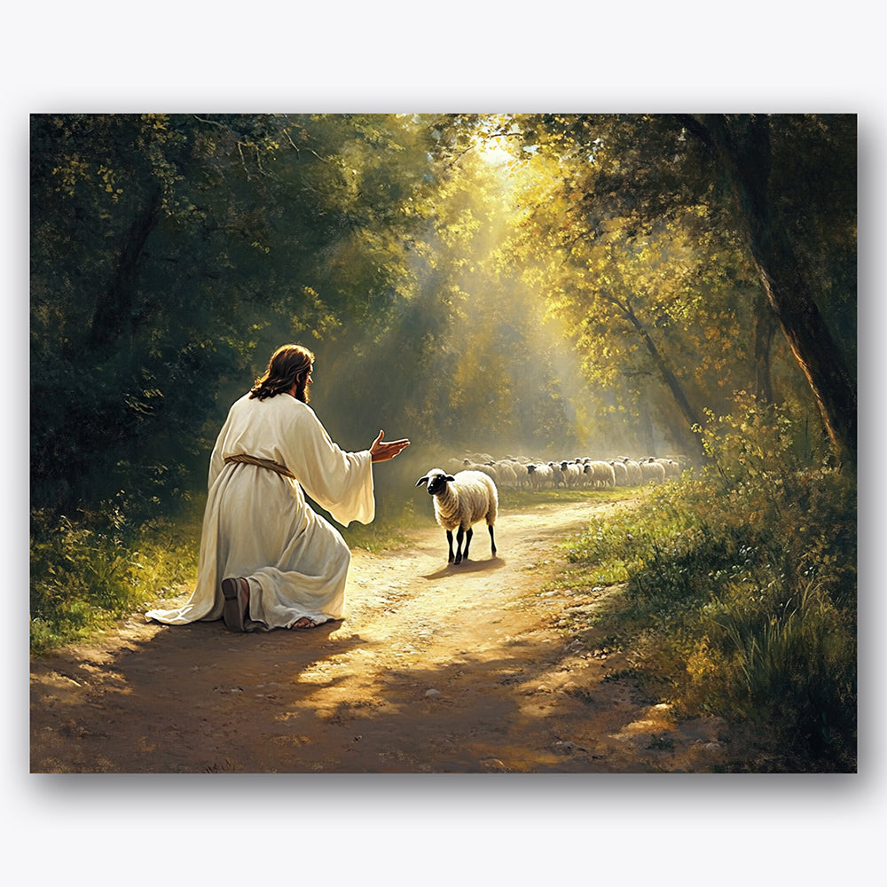 Paint by numbers design of shepherd, sheep, kneeling figure, forest path