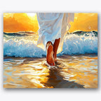 Paint by numbers design of figure, waves, bare feet, sunset glow