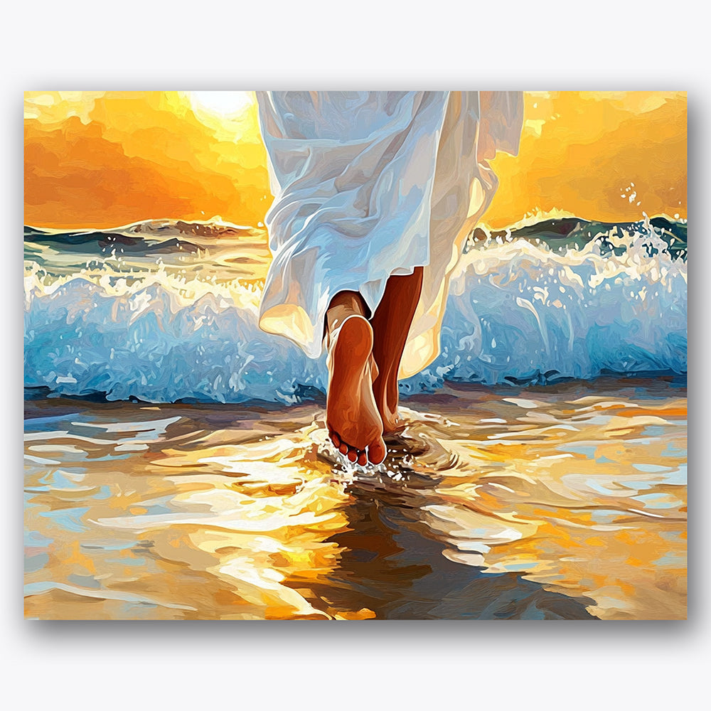 Paint by numbers design of figure, waves, bare feet, sunset glow