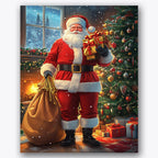 Paint by numbers design of Santa Claus, Christmas tree, Santa holding presents, glowing Christmas tree