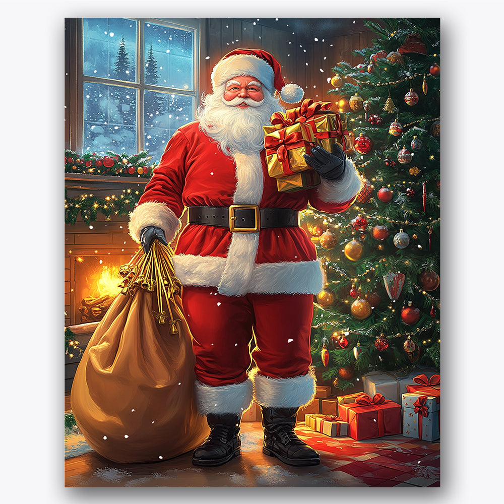 Paint by numbers design of Santa Claus, Christmas tree, Santa holding presents, glowing Christmas tree