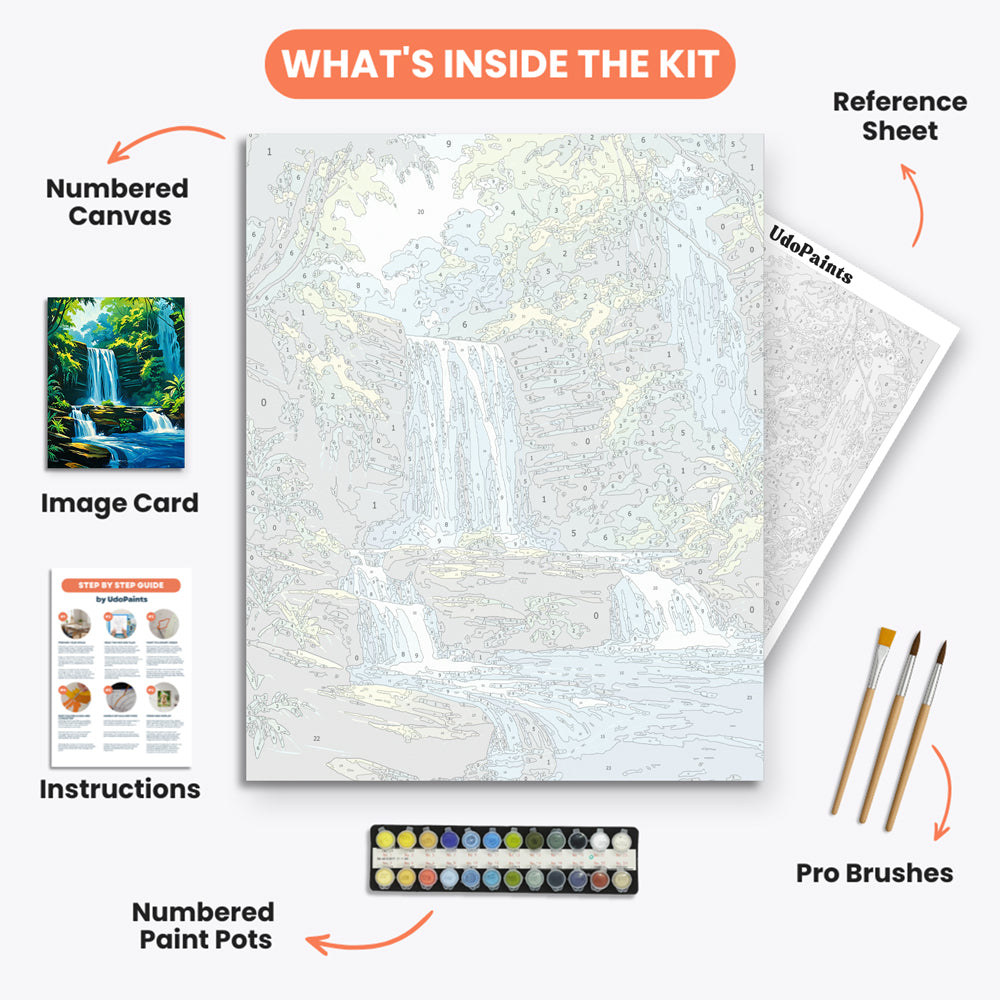 Jungle Waterfall Paint by Numbers Kit – includes numbered canvas, paint pots, brushes, and instructions