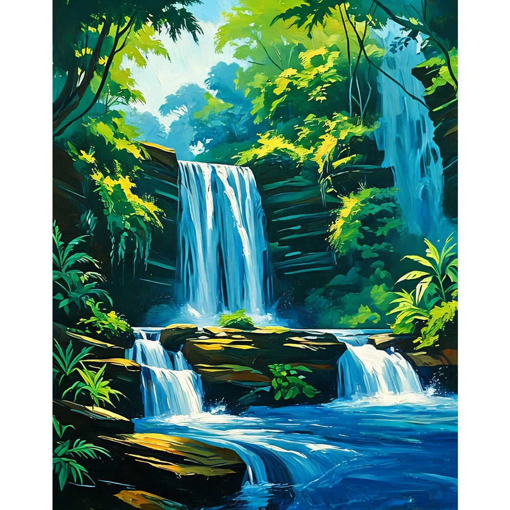Jungle Waterfall Paint by Numbers Kit design preview showing the full artwork layout before painting