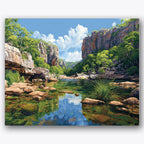 Paint by numbers design of river, cliffs, clear water reflection, rocky cliff edges