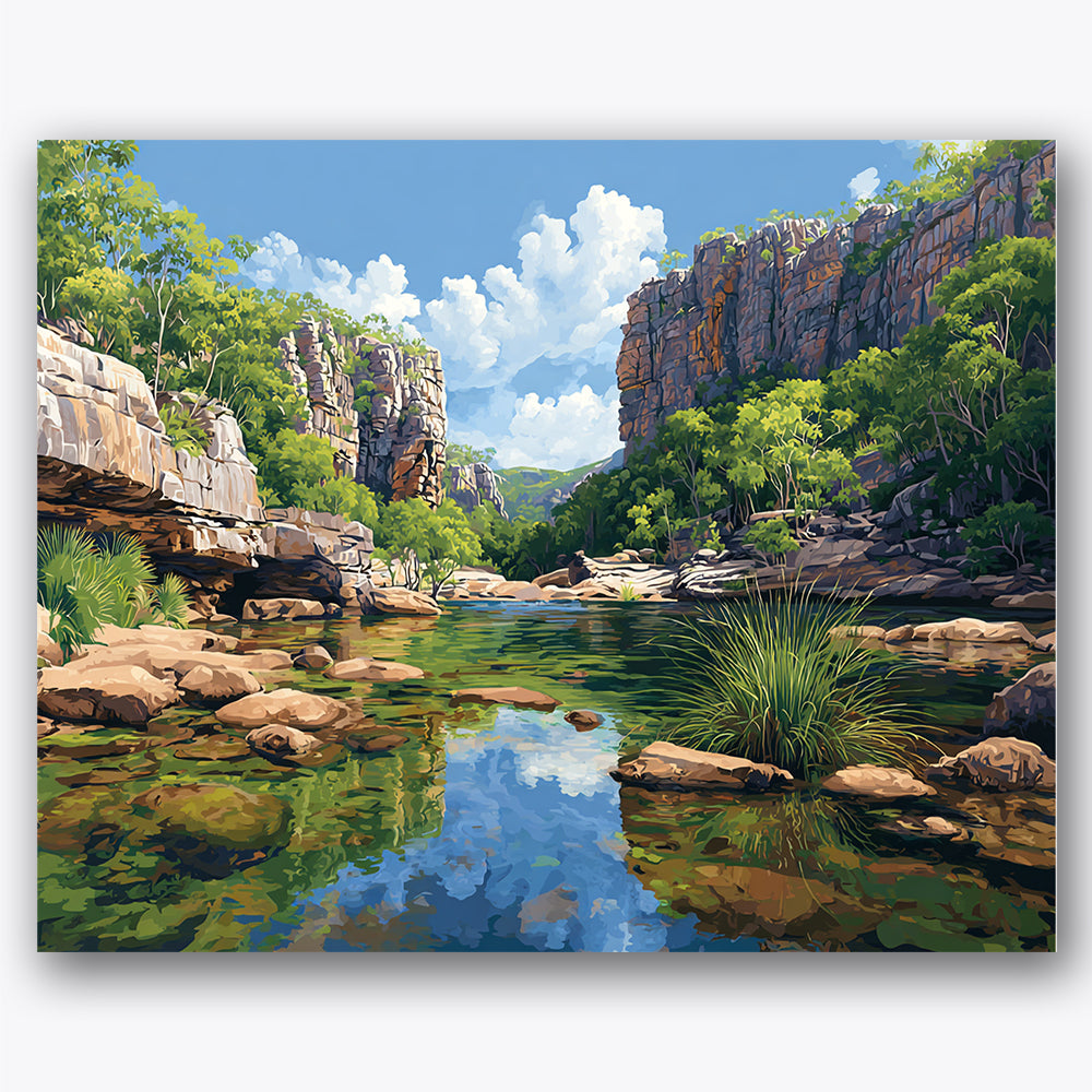 Paint by numbers design of river, cliffs, clear water reflection, rocky cliff edges