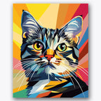 Paint by numbers design of cat, geometric patterns, multicolored fur, vivid angular lines