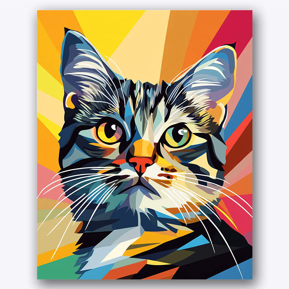 Paint by numbers design of cat, geometric patterns, multicolored fur, vivid angular lines