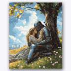 Paint by numbers design of knight, maiden, knight s gleaming armor, maiden s flowing dress