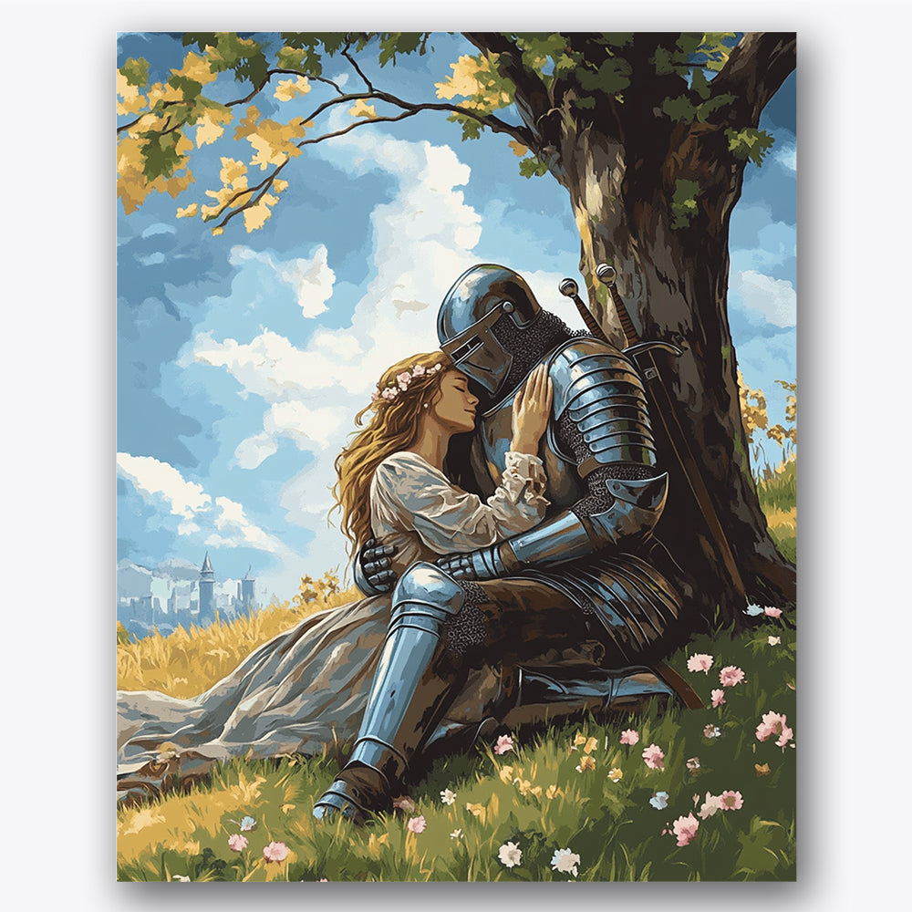 Paint by numbers design of knight, maiden, knight s gleaming armor, maiden s flowing dress