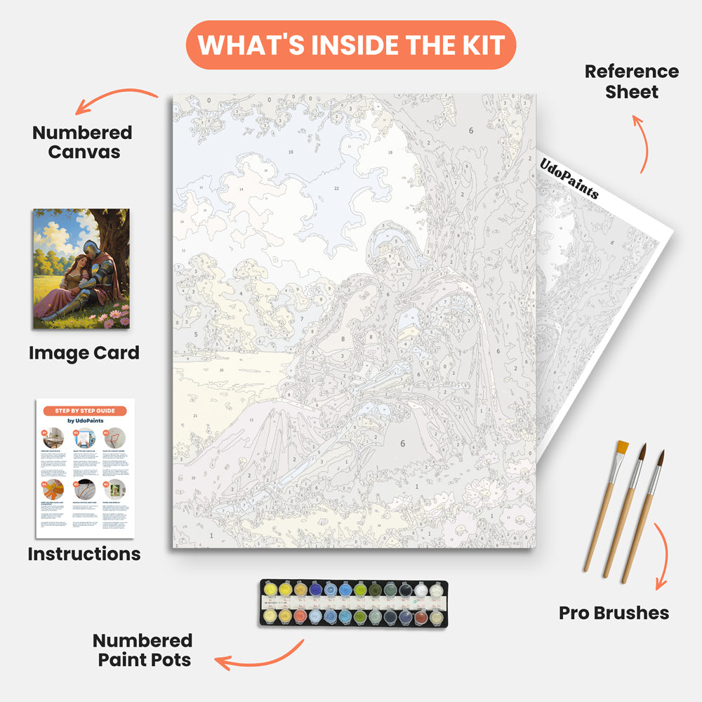Knight's Serenity Paint by Numbers Kit – includes numbered canvas, paint pots, brushes, and instructions