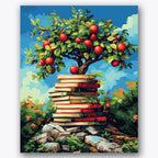Paint by numbers design of apple tree, stack of books, vibrant apple tree, stack of books