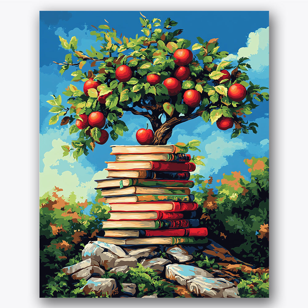 Paint by numbers design of apple tree, stack of books, vibrant apple tree, stack of books