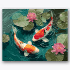 Paint by numbers design of koi fish, lotus flowers, two vibrant koi, pink lotus flowers