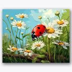 Paint by numbers design of ladybug, daisies, vivid red ladybug, white daisy petals