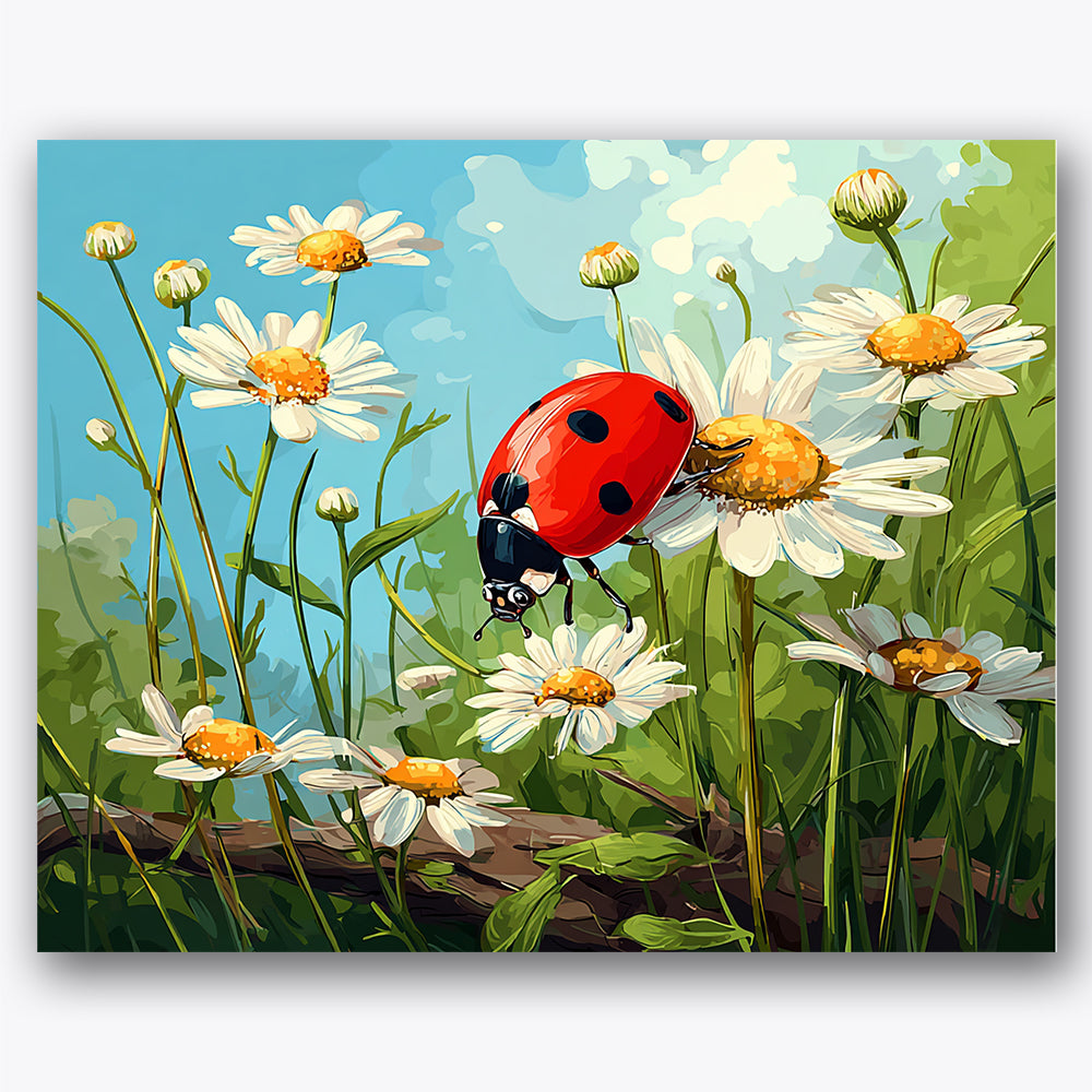 Paint by numbers design of ladybug, daisies, vivid red ladybug, white daisy petals