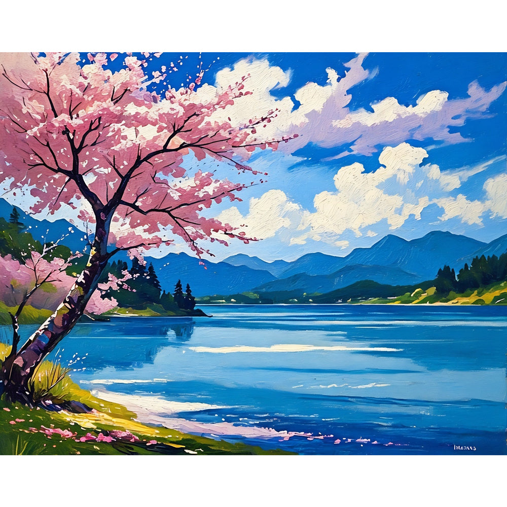 Lake Blossom View Paint by Numbers Kit design preview showing the full artwork layout before painting