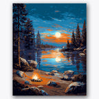 Paint by numbers design of lakeside, campfire, glowing campfire, full moon reflection