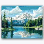 Paint by numbers design of mountain lake, evergreen trees, snowy mountain peaks, evergreen tree line