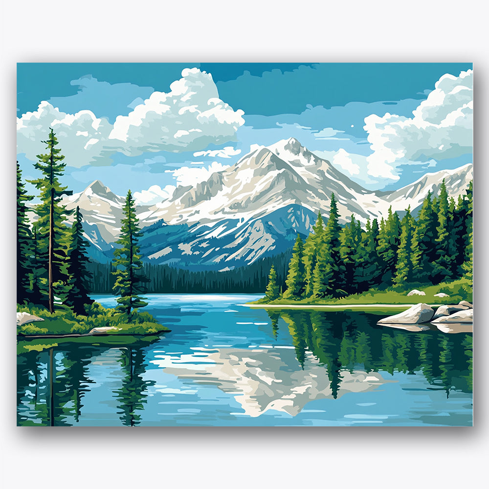 Paint by numbers design of mountain lake, evergreen trees, snowy mountain peaks, evergreen tree line