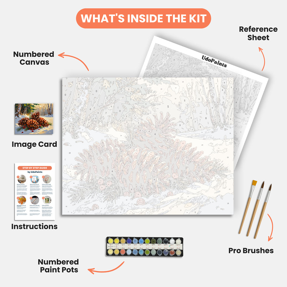 Snowy Pinecones Paint by Numbers Kit – includes numbered canvas, paint pots, brushes, and instructions