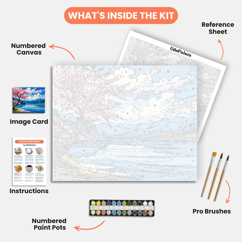 Lake Blossom View Paint by Numbers Kit – includes numbered canvas, paint pots, brushes, and instructions