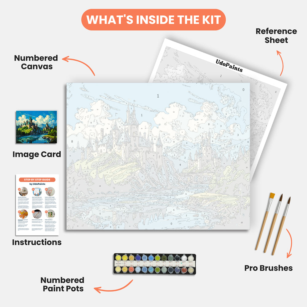 Castle Haven Paint by Numbers Kit – includes numbered canvas, paint pots, brushes, and instructions