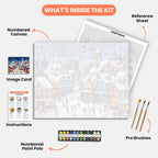 Festive Winter Village Paint by Numbers Kit – includes numbered canvas, paint pots, brushes, and instructions