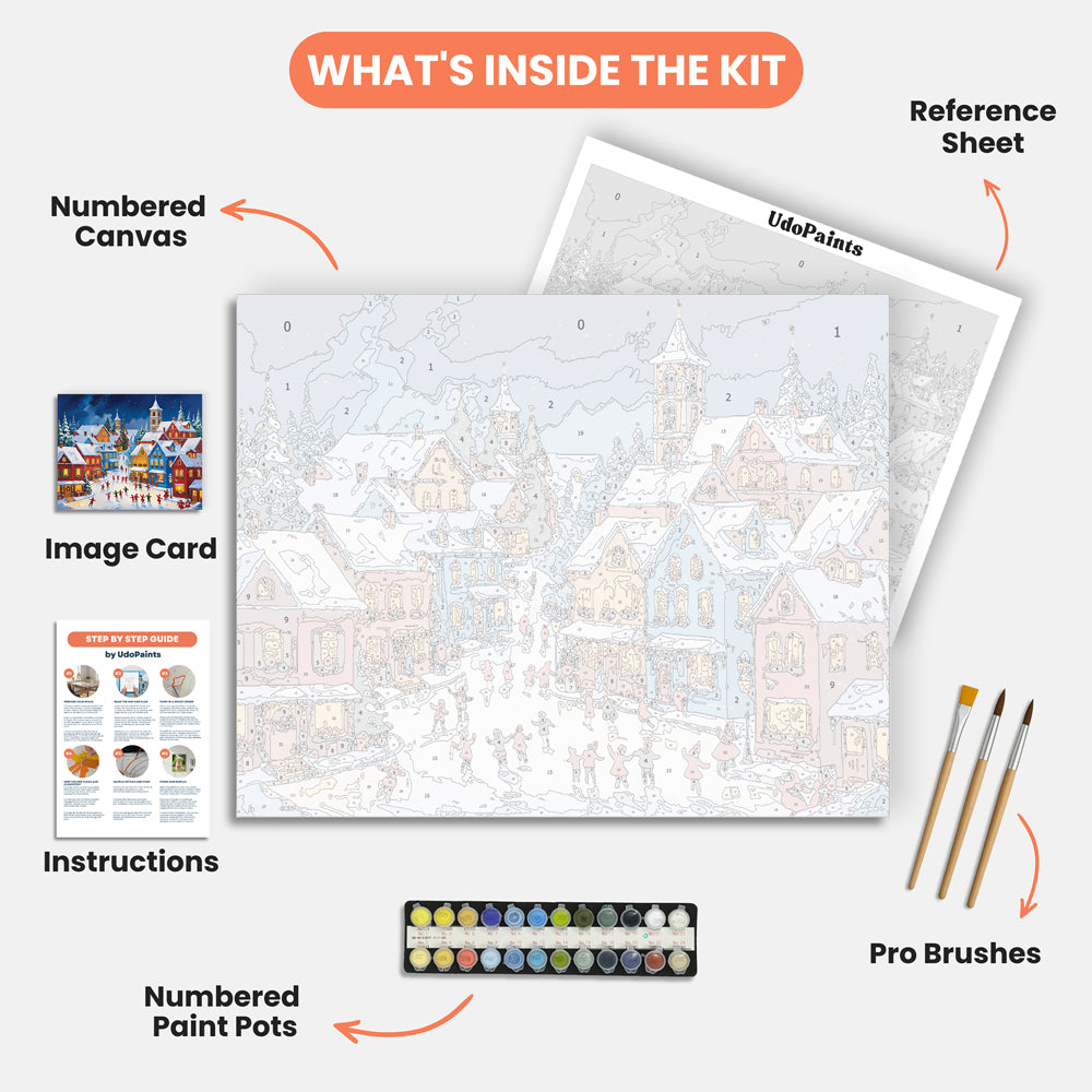 Festive Winter Village Paint by Numbers Kit – includes numbered canvas, paint pots, brushes, and instructions