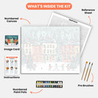 Festive Snowy Neighborhood Paint by Numbers Kit – includes numbered canvas, paint pots, brushes, and instructions