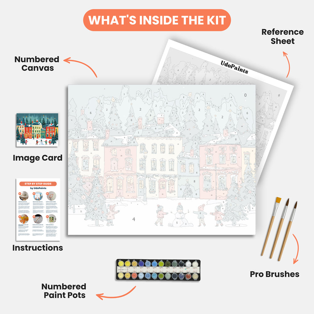 Festive Snowy Neighborhood Paint by Numbers Kit – includes numbered canvas, paint pots, brushes, and instructions