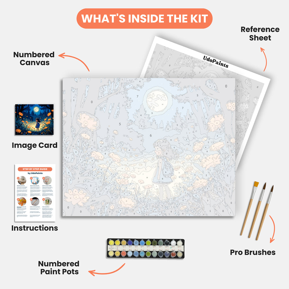 Moonlit Enchantment Paint by Numbers Kit – includes numbered canvas, paint pots, brushes, and instructions