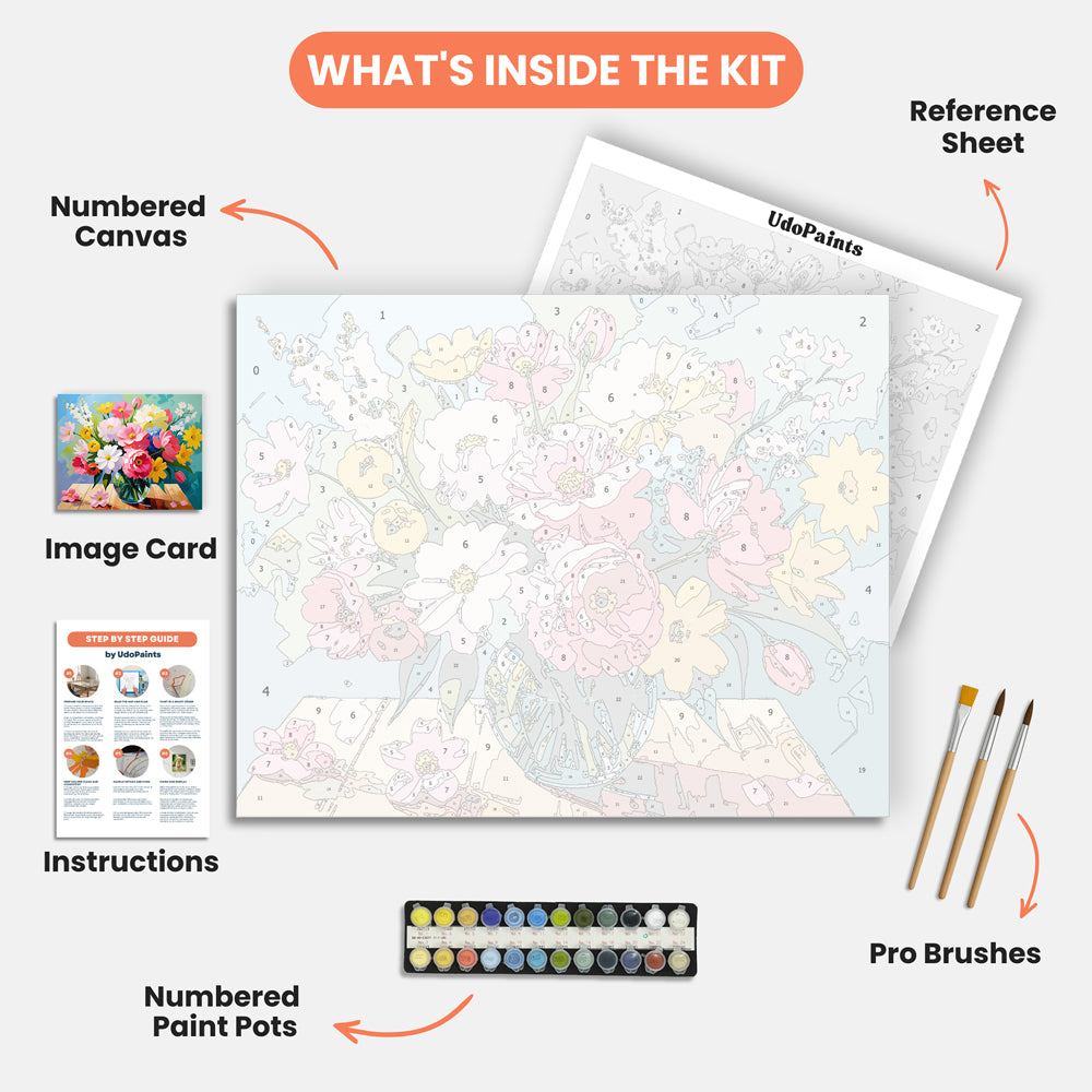Vibrant Floral Bouquet Paint by Numbers Kit – includes numbered canvas, paint pots, brushes, and instructions