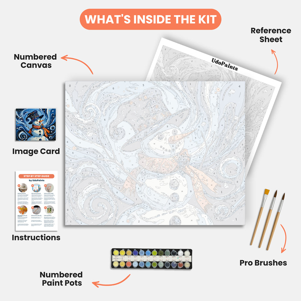 Whimsical Snowman Paint by Numbers Kit – includes numbered canvas, paint pots, brushes, and instructions