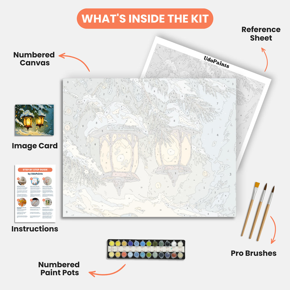 Glowing Winter Lanterns Paint by Numbers Kit – includes numbered canvas, paint pots, brushes, and instructions