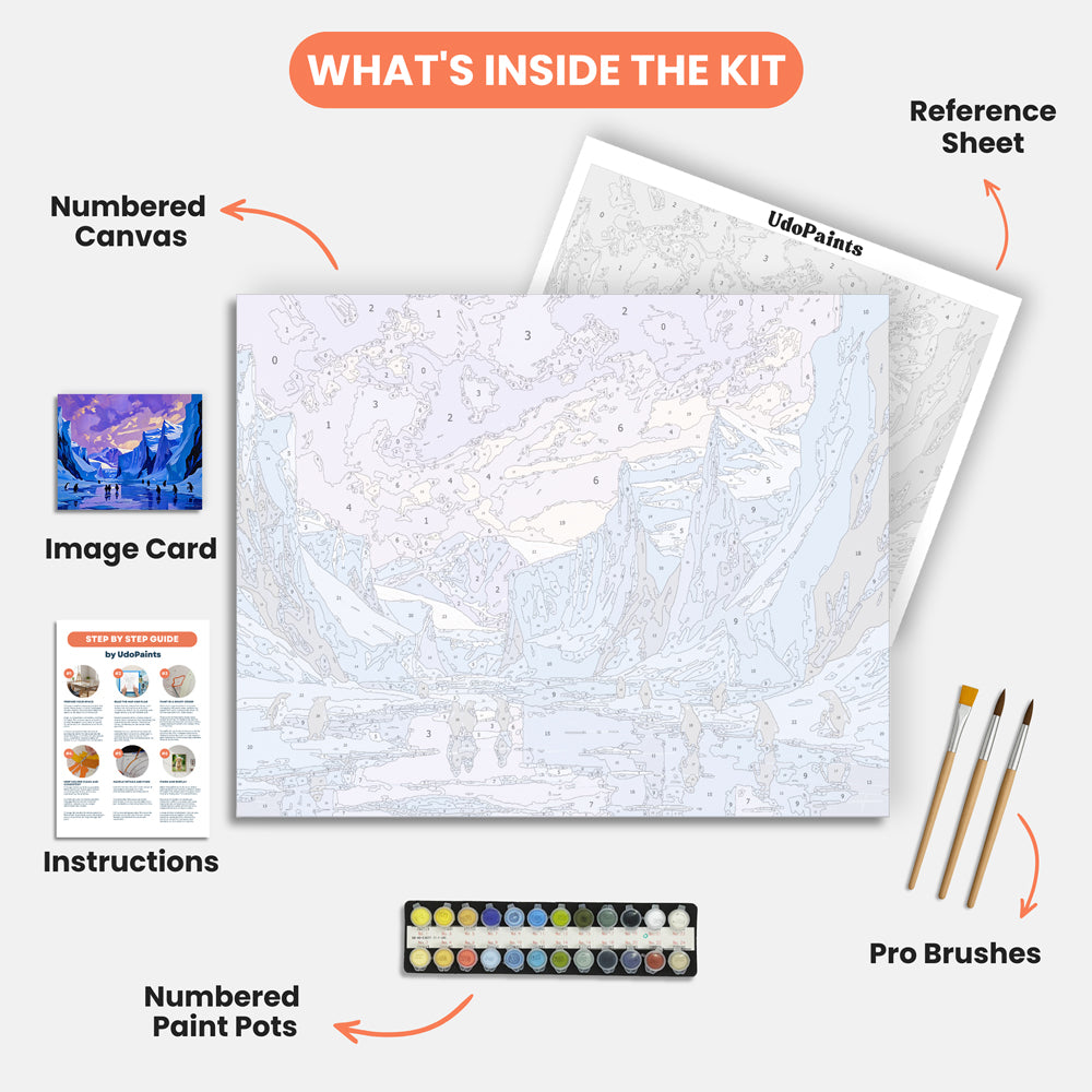 Penguins at Dusk Paint by Numbers Kit – includes numbered canvas, paint pots, brushes, and instructions