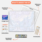 Penguins at Dusk Paint by Numbers Kit – includes numbered canvas, paint pots, brushes, and instructions