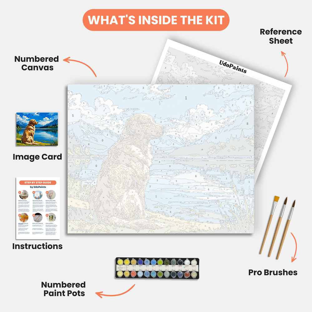 Lakeside Retriever Paint by Numbers Kit – includes numbered canvas, paint pots, brushes, and instructions