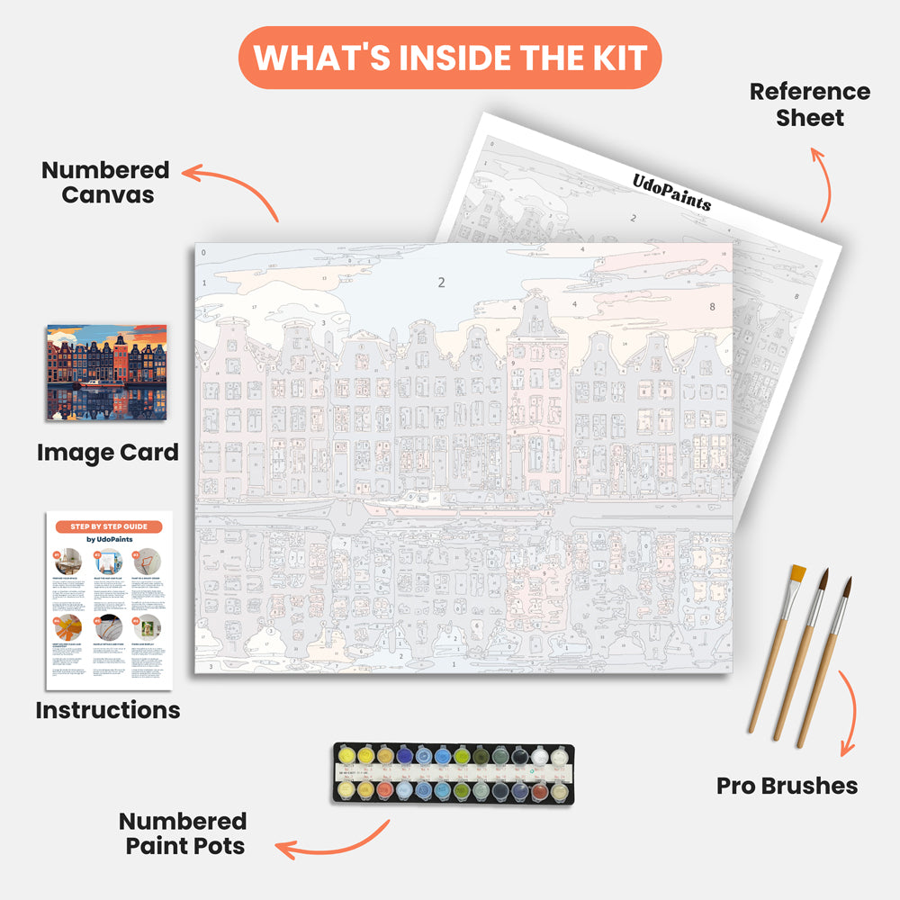 Amsterdam Reflections Paint by Numbers Kit – includes numbered canvas, paint pots, brushes, and instructions