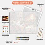 Cozy Cat Hearth Paint by Numbers Kit – includes numbered canvas, paint pots, brushes, and instructions