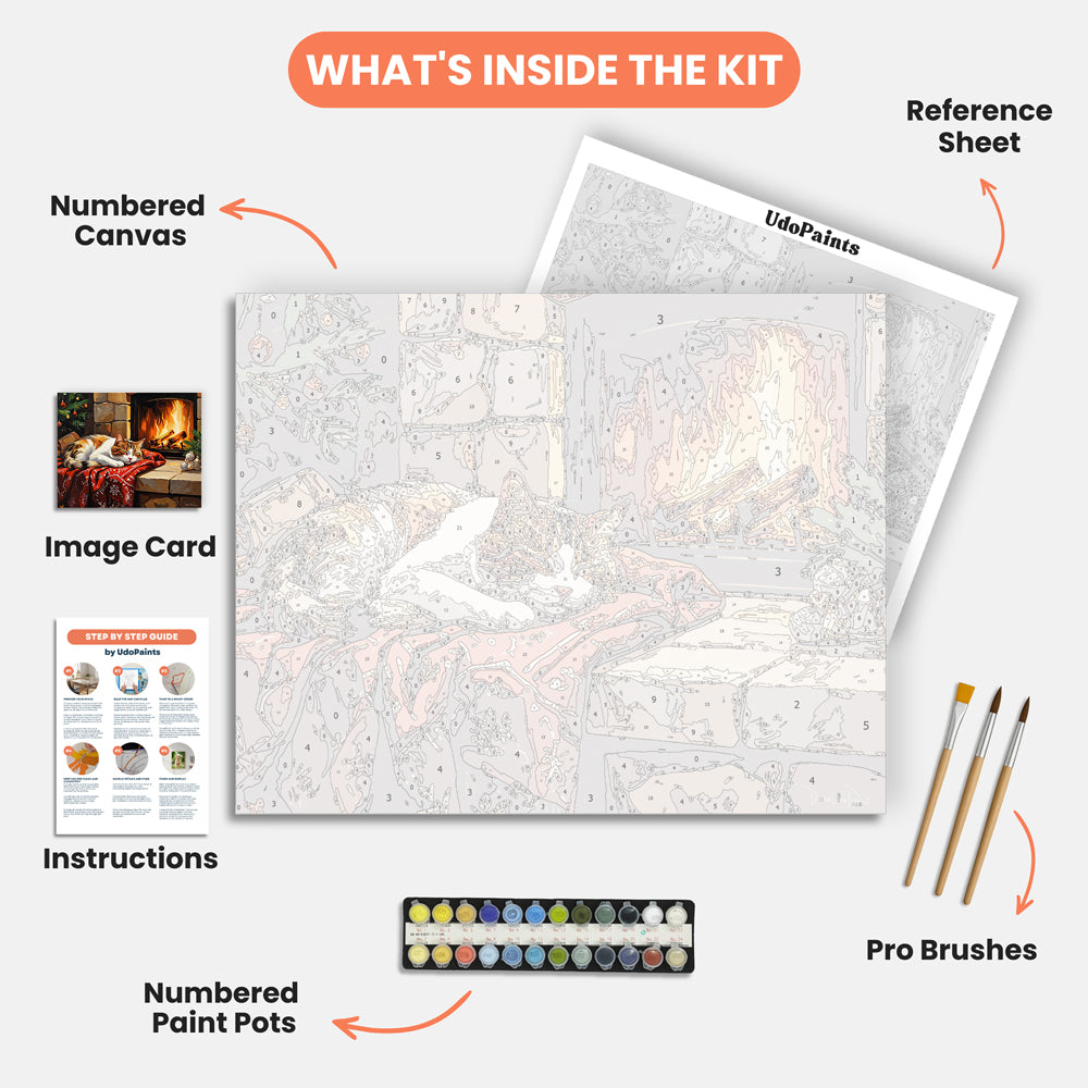 Cozy Cat Hearth Paint by Numbers Kit – includes numbered canvas, paint pots, brushes, and instructions
