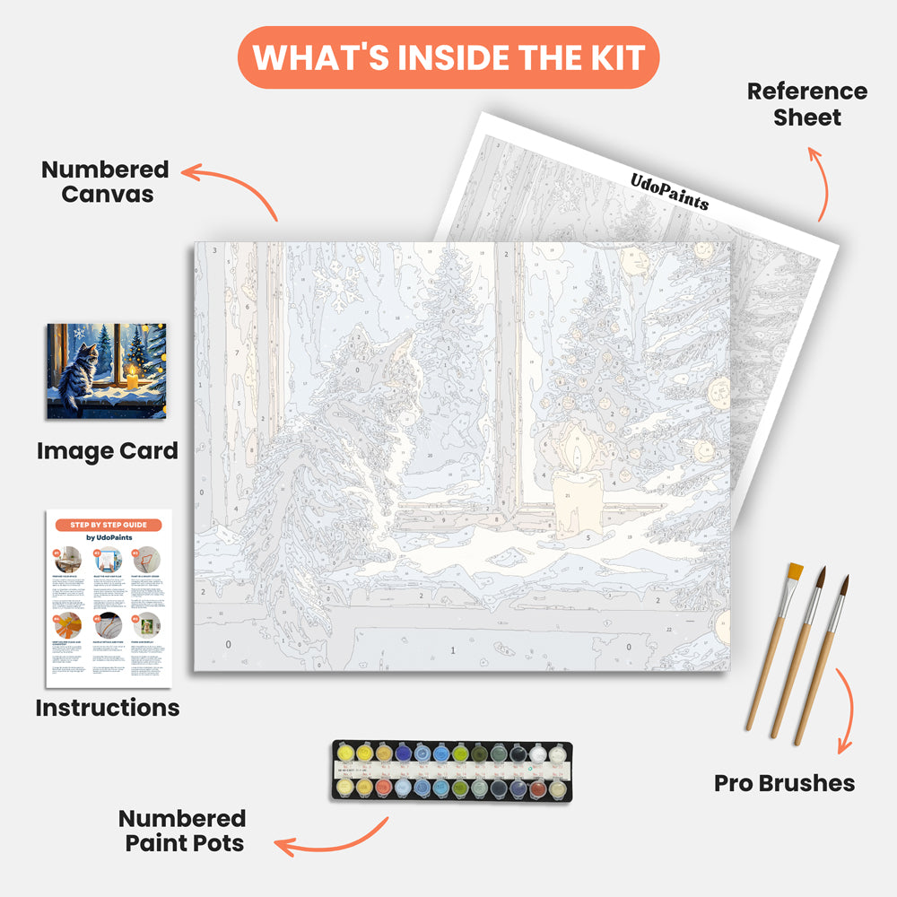 Winter Cat Reflection Paint by Numbers Kit – includes numbered canvas, paint pots, brushes, and instructions