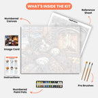 Cozy Fireplace Cat Paint by Numbers Kit – includes numbered canvas, paint pots, brushes, and instructions