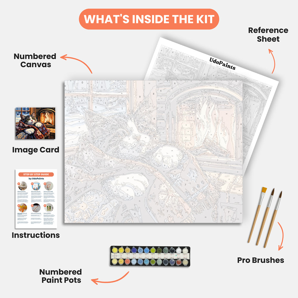 Cozy Fireplace Cat Paint by Numbers Kit – includes numbered canvas, paint pots, brushes, and instructions
