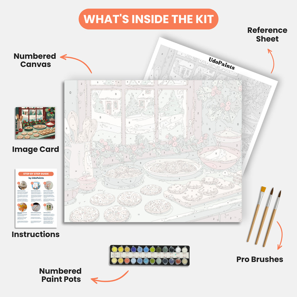 Festive Cookie Kitchen Paint by Numbers Kit – includes numbered canvas, paint pots, brushes, and instructions