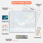 Starry Winter Night Paint by Numbers Kit – includes numbered canvas, paint pots, brushes, and instructions