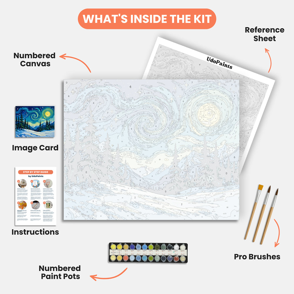 Starry Winter Night Paint by Numbers Kit – includes numbered canvas, paint pots, brushes, and instructions