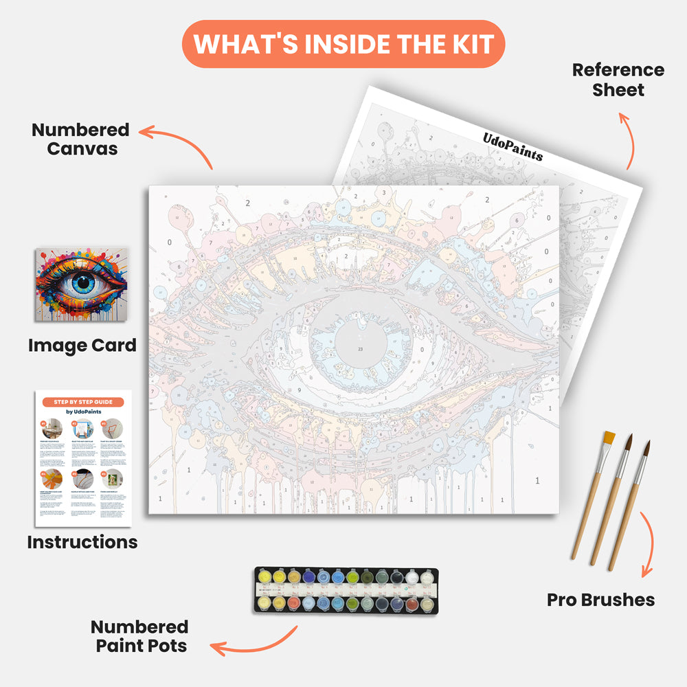 Vibrant Eye Paint by Numbers Kit – includes numbered canvas, paint pots, brushes, and instructions