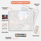 Parisian Street Sunset Paint by Numbers Kit – includes numbered canvas, paint pots, brushes, and instructions