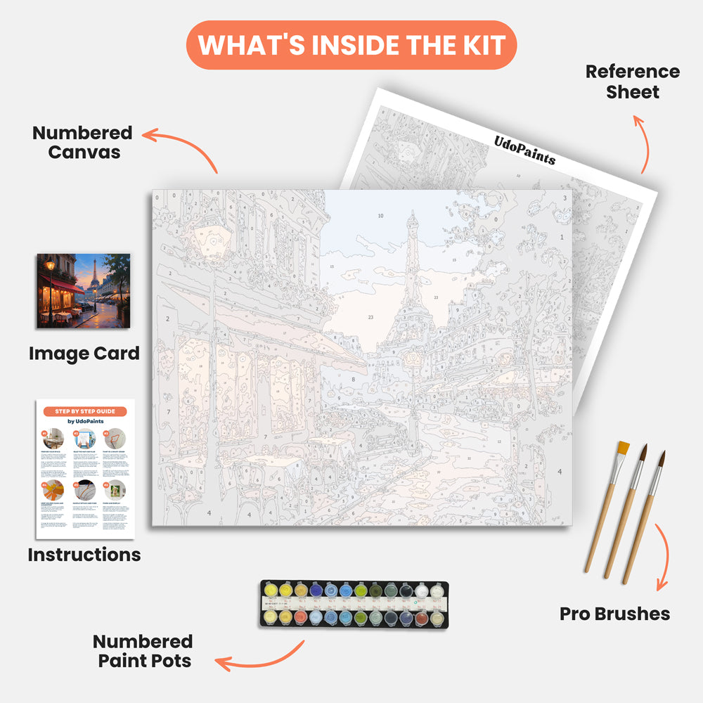 Parisian Street Sunset Paint by Numbers Kit – includes numbered canvas, paint pots, brushes, and instructions